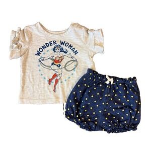DC Comics Wonder Woman Baby Girl 3/6 Months Clothes 2 PC Outfit Shirt Shorts 2
